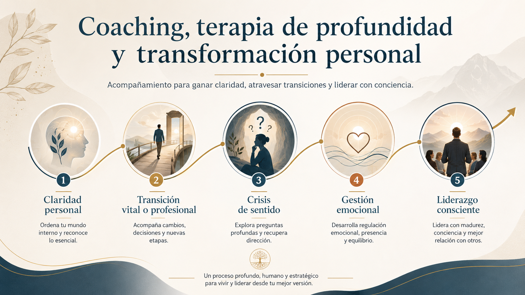 Coaching, terapia de profundidad y transformación personal: claridad personal, transición vital o profesional, crisis de sentido, gestión emocional y liderazgo consciente.